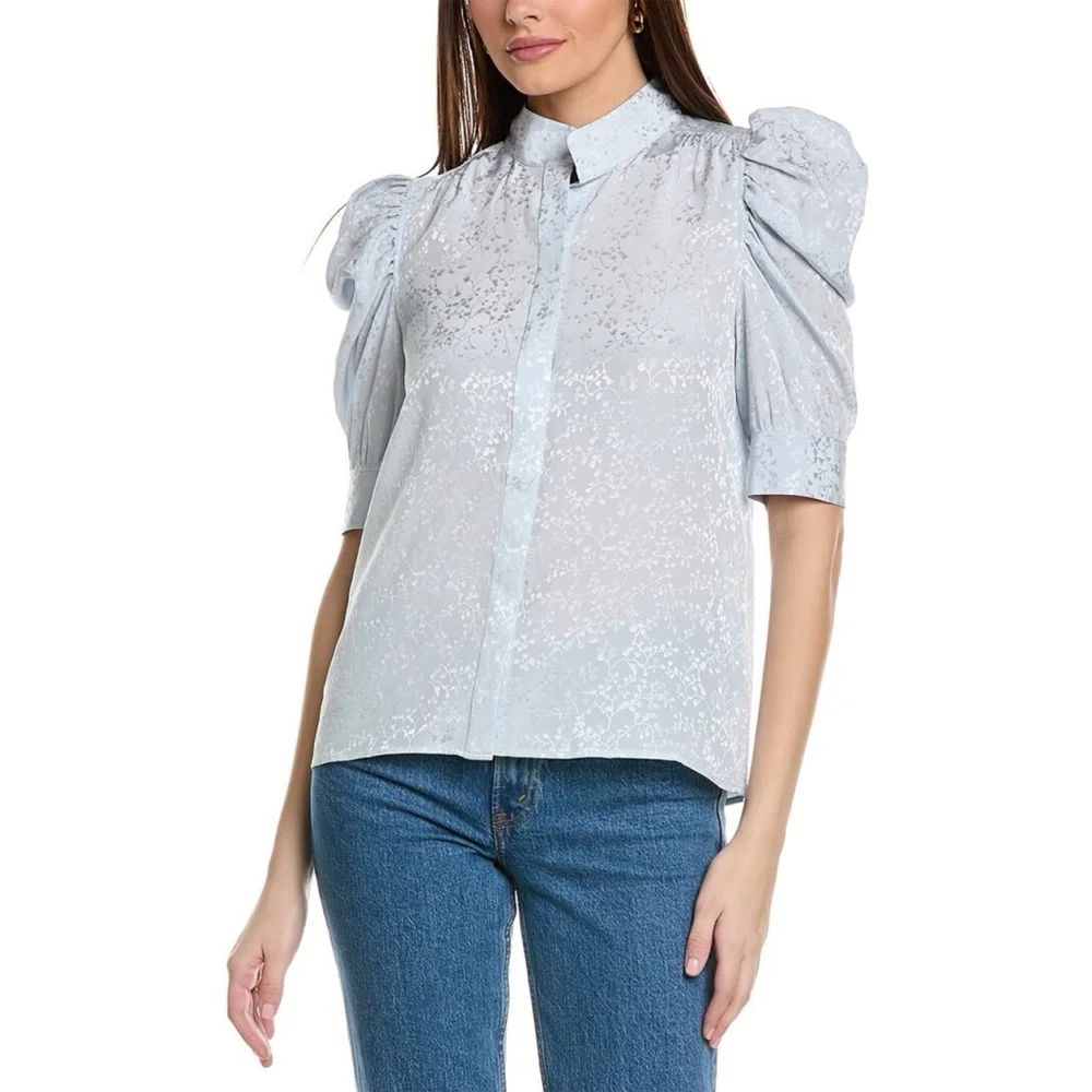 NWT Frame Gillian Denim Blue Silk Puff Sleeve Blouse Size Small Petite Pastel - Picture 1 of 7